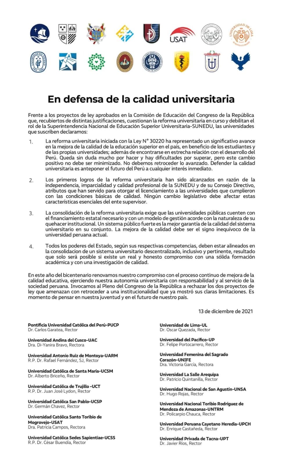 Post: Universidades privadas licenciadas rechazan proyecto de ley contra  Sunedu